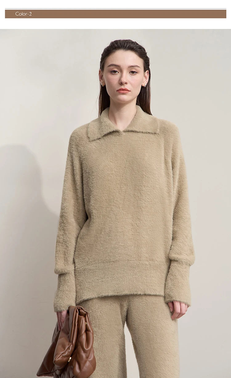 Damenpullover aus flauschigem Strickstoff, beige, lockere Passform, lange Ärmel, Kragen