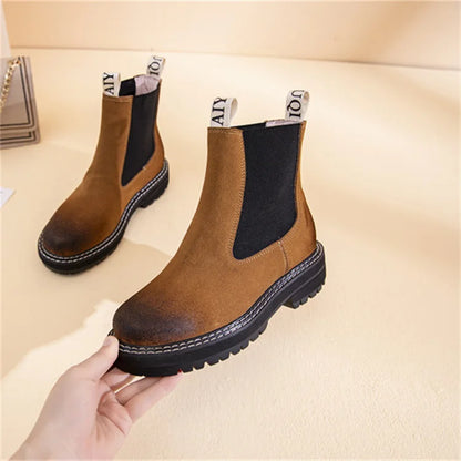 Women's Chelsea Boots Genuine Leather 2025 Autumn Winter Trend Thick-soled Women Ankle Boots All-match Marton Boots Ladies