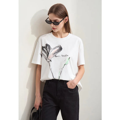 Damen T-Shirt im Minimalismus-Stil mit coolen Kunstdruck und kurzen Ärmeln
