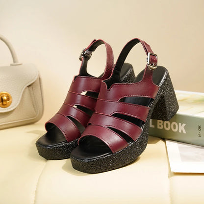 Damen Leder Sandalen Dicke Sohlen High Heels