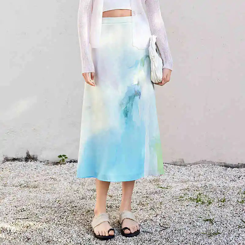Damen Rock im A-Linien-Stil mit künstlerischem Druck und elastischer Taille