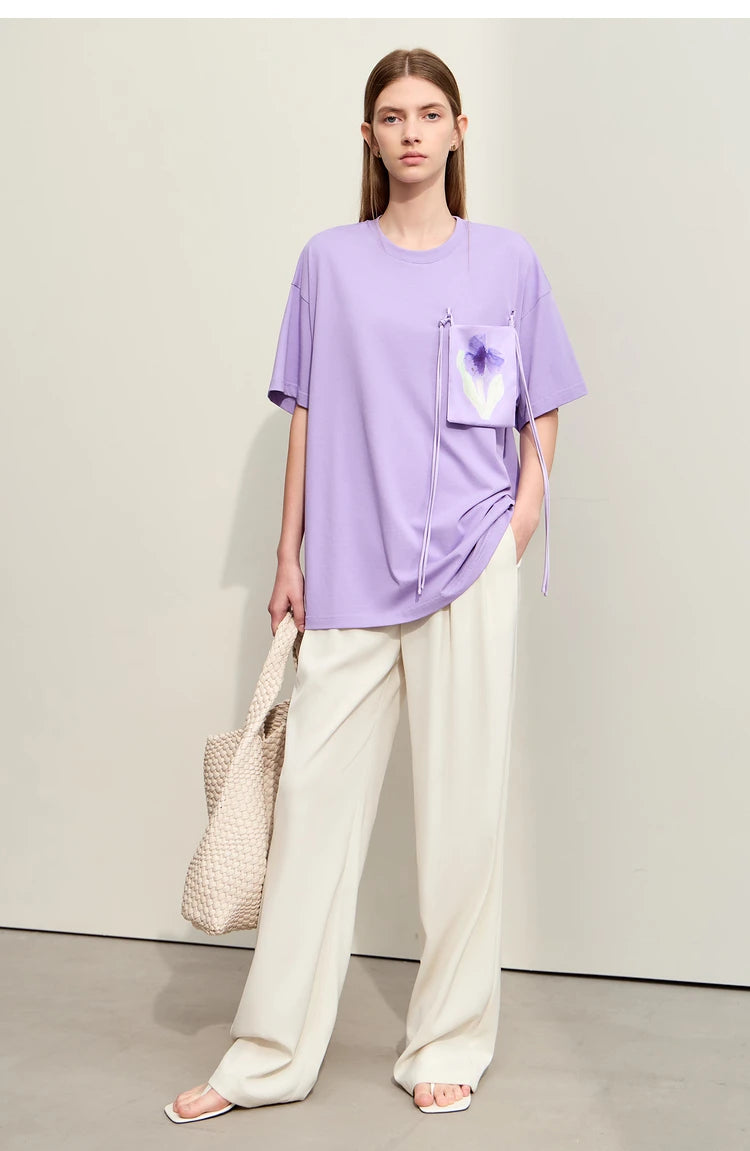 Damen T-Shirt im Minimalismus-Stil mit Taschen und elastischem O-Neck