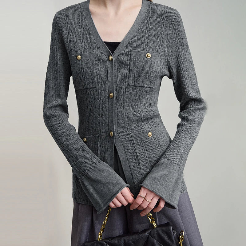 Damen-Strickjacke V-Ausschnitt einfarbig gerade Langarm vielseitig Herbst