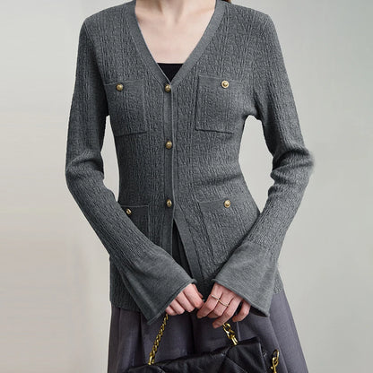 Damen-Strickjacke V-Ausschnitt einfarbig gerade Langarm vielseitig Herbst