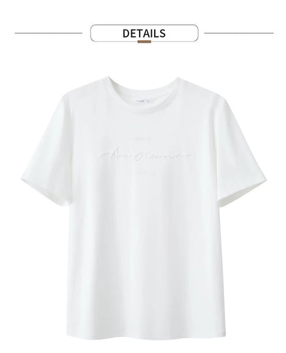 Damen T-Shirts im Minimalismus-Stil mit Kurzarm und Buchstaben-Stickerei