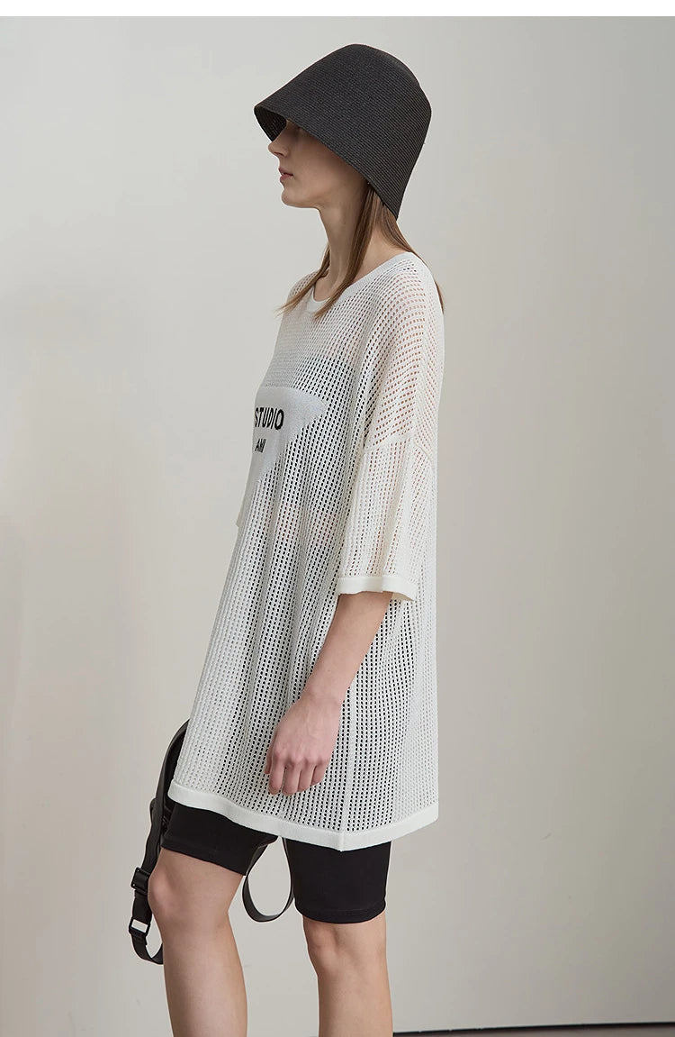 Damen-Rundhalspullover Buchstaben-Jacquard Halbarm locker Sommer