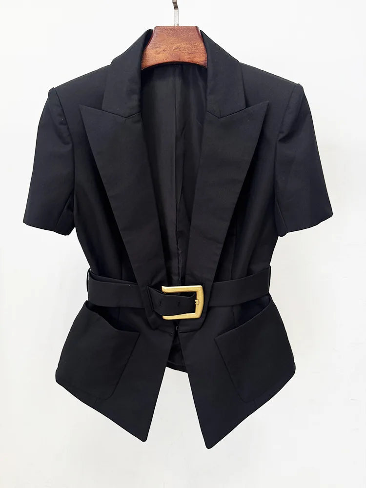 Damen-Blazer Kurzarm Gürtel lässig V-Ausschnitt Einknopf