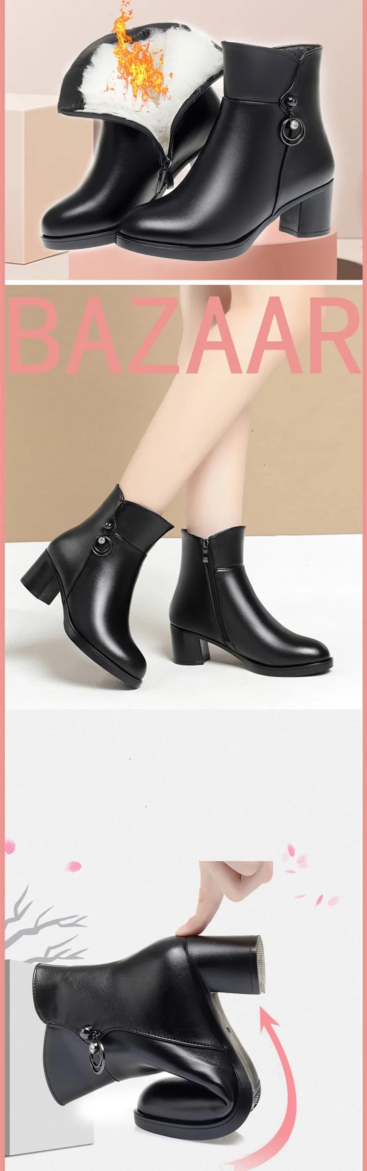 Damen-Winterstiefelette aus schwarzem Leder mit Blockabsatz und Schnalle