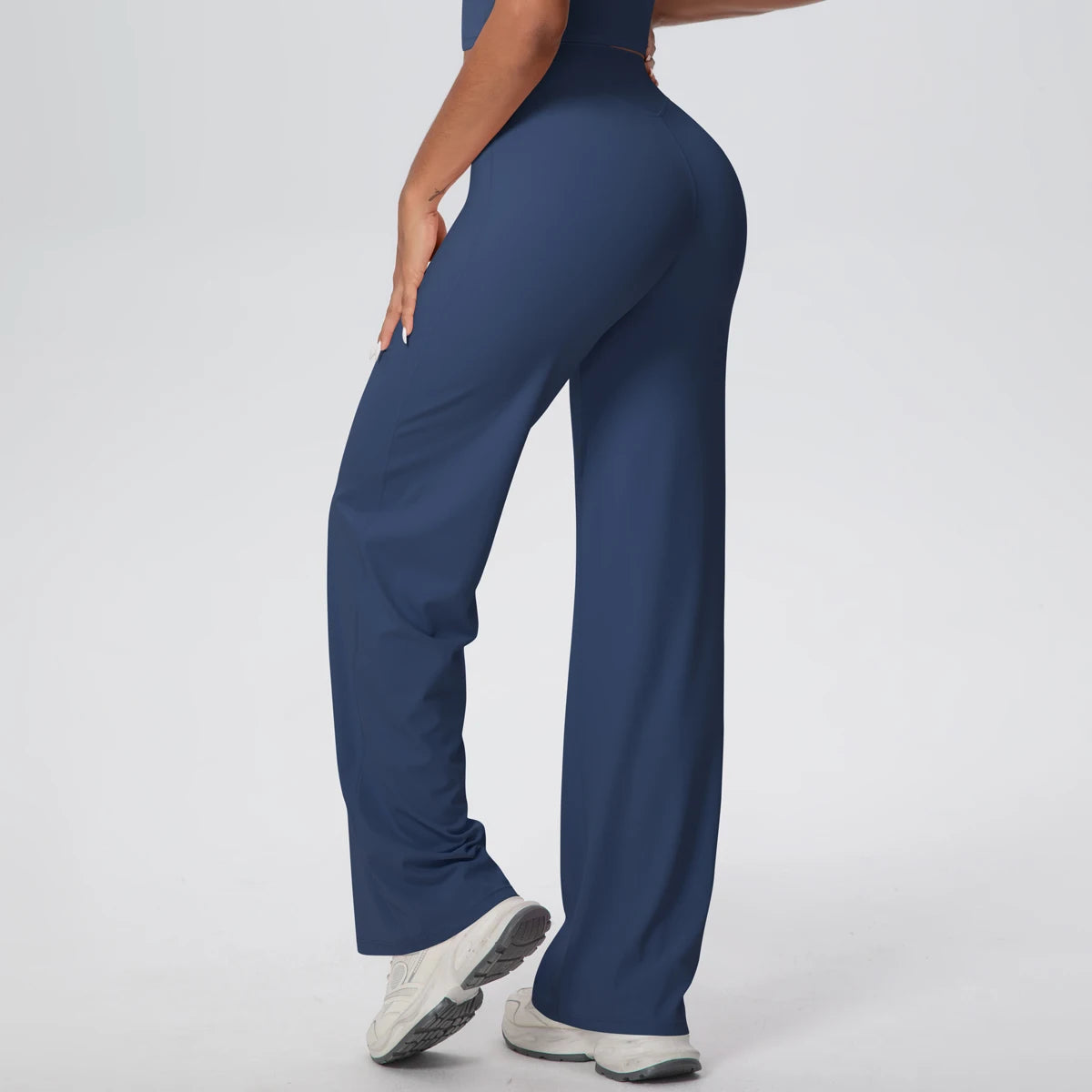 Dunkelblaue Yoga-Hose für Damen mit weitem Bein und gebogenem Bund