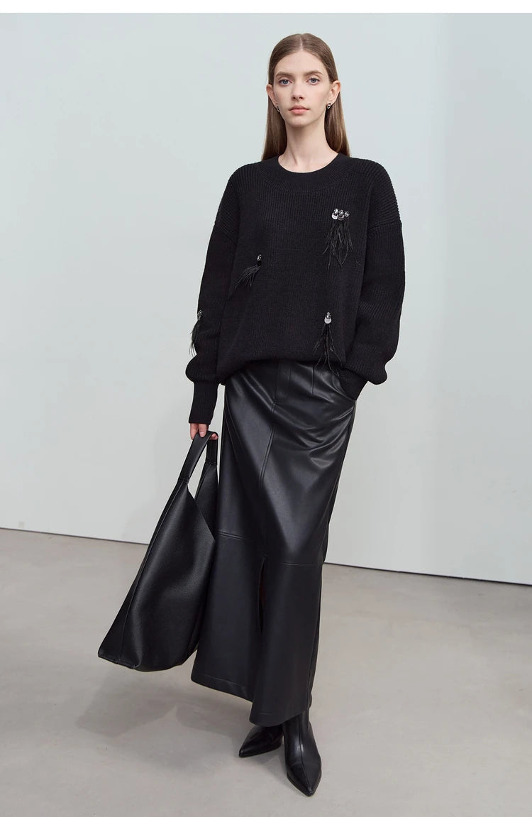 Damen-Rundhalspullover Perlen Strassapplikation locker Winter
