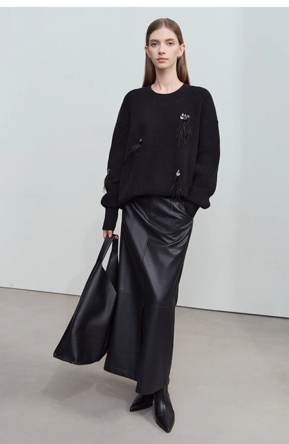 Damen-Rundhalspullover Perlen Strassapplikation locker Winter