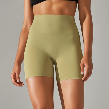 Nahtlose Sportshorts für Frauen mit hohem Bund, senfgelb