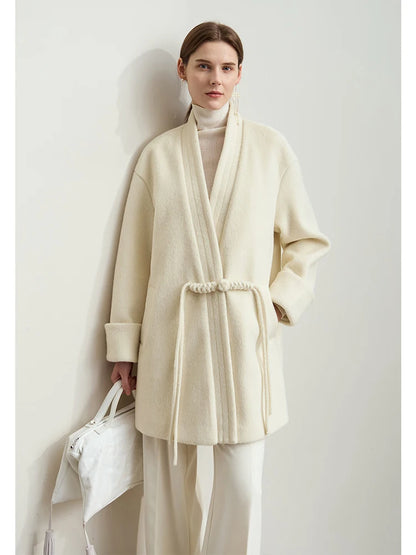 Damen Wollmantel im minimalistischen Neo-Chinesischen Stil mit V-Ausschnitt und Taschen