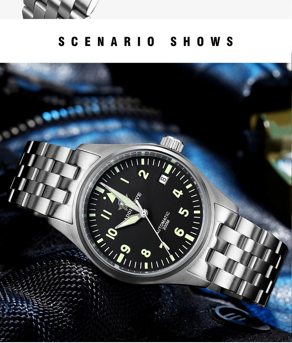 Herren Automatik-Taucheruhr 200m wasserdicht C3 Leuchtzeiger mechanisch