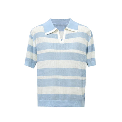 Gestreifter Kurzarm-Strickpullover mit Polokragen in Blau/Weiß