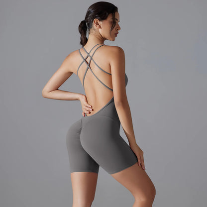 Grau Yoga-Overall mit offenem Rücken und Kreuzträgern