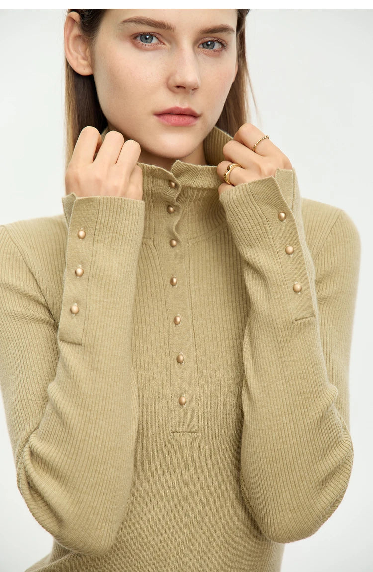 Damen-Strickjacke Rollkragen Knopfleiste Slim halboffene Front Herbst