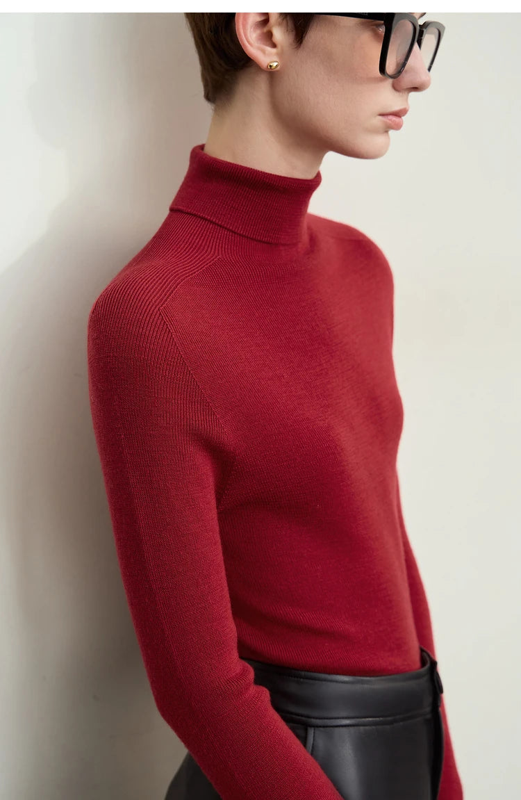 Damen-Rollkragenpullover 100 % Wolle Kammgarn schlank Winter