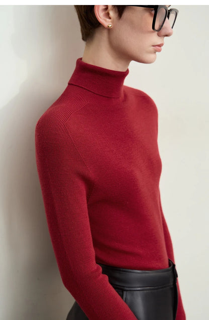 Damen-Rollkragenpullover 100 % Wolle Kammgarn schlank Winter