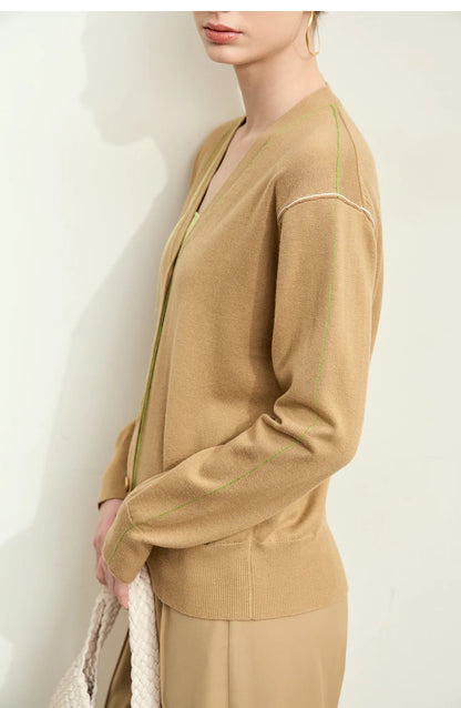 Damen-Strickjacke V-Ausschnitt Patchwork Raglan Wolle-Mix Herbst