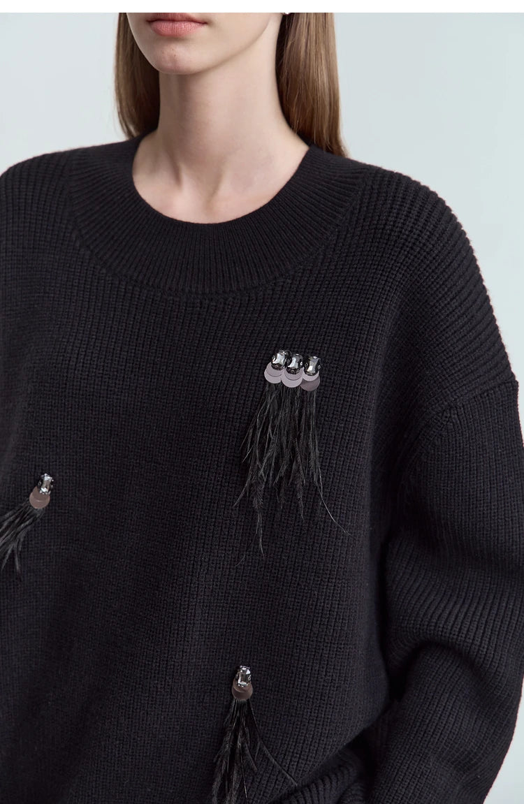 Damen-Rundhalspullover Perlen Strassapplikation locker Winter