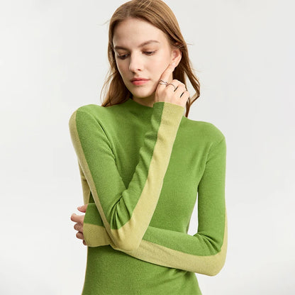 Damen-Halbrollkragen-Pullover Slim Patchwork Wolle-Mix Herbst-Winter