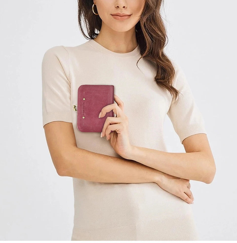 Damen Echtleder Geldbörse Vintage Metallrahmen RFID 6 Kartenfächer Münzfach Reise