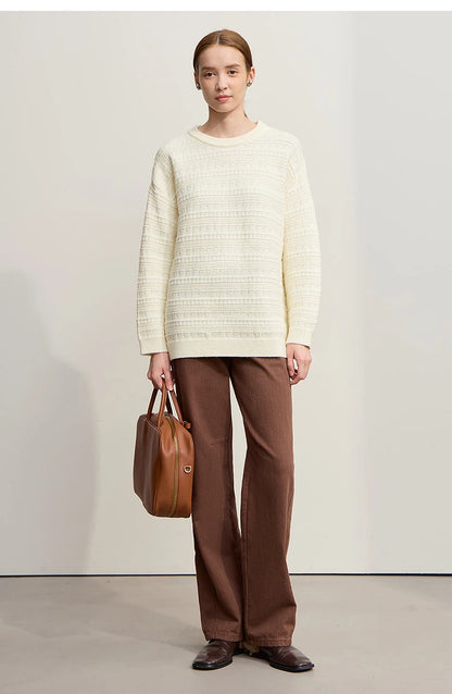 Damen-Pullover Cremeweiß mit Rundhalsausschnitt, Strickmuster, lange Ärmel, lässig