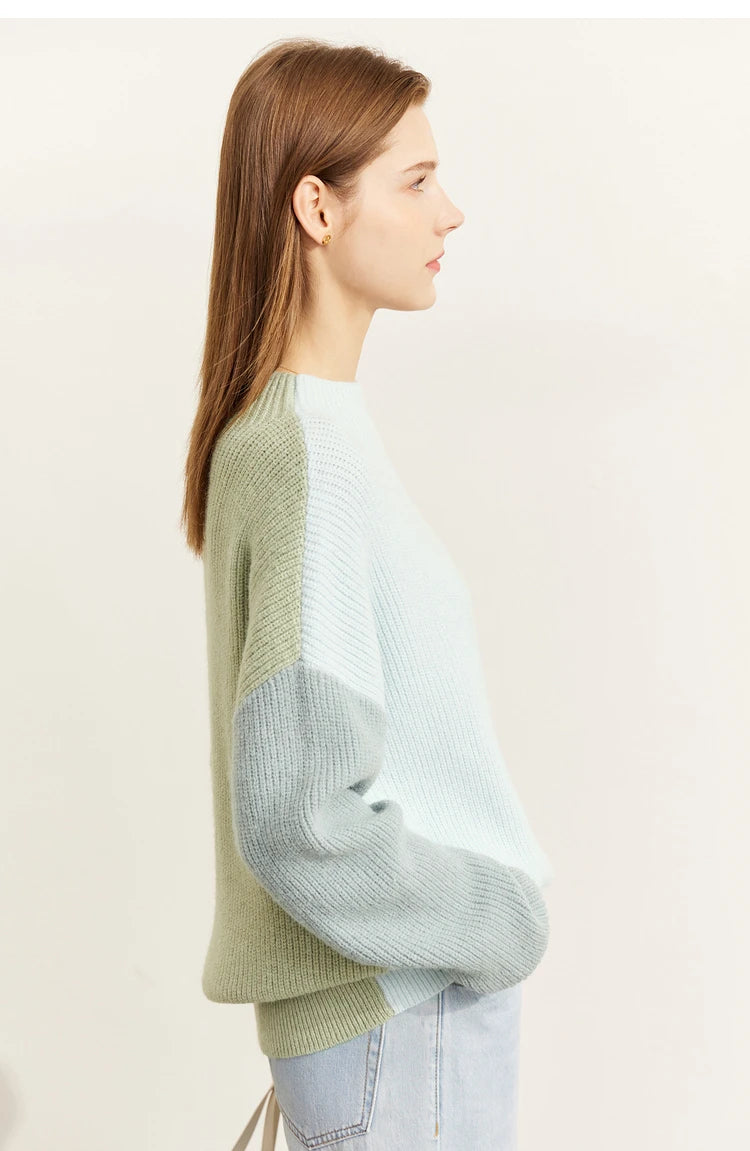 AMII Pullover Damen, Rundhals, hellgrün mit pastellblauen Ärmeln, Strickpulli