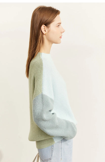 AMII Pullover Damen, Rundhals, hellgrün mit pastellblauen Ärmeln, Strickpulli