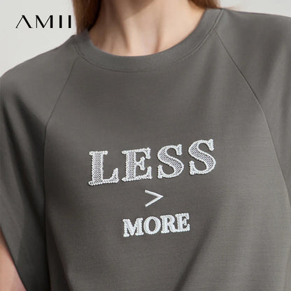 Damen Casual T-Shirt aus loser Seide mit Stickerei und Rundhalsausschnitt