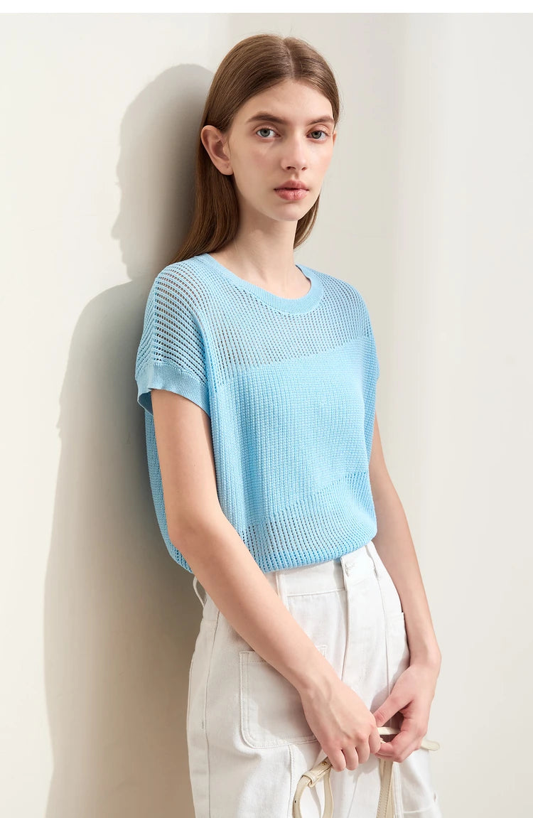 Damen-Wollstrickpullover hellblau, Rundhals, kurze Ärmel, lockerer Schnitt