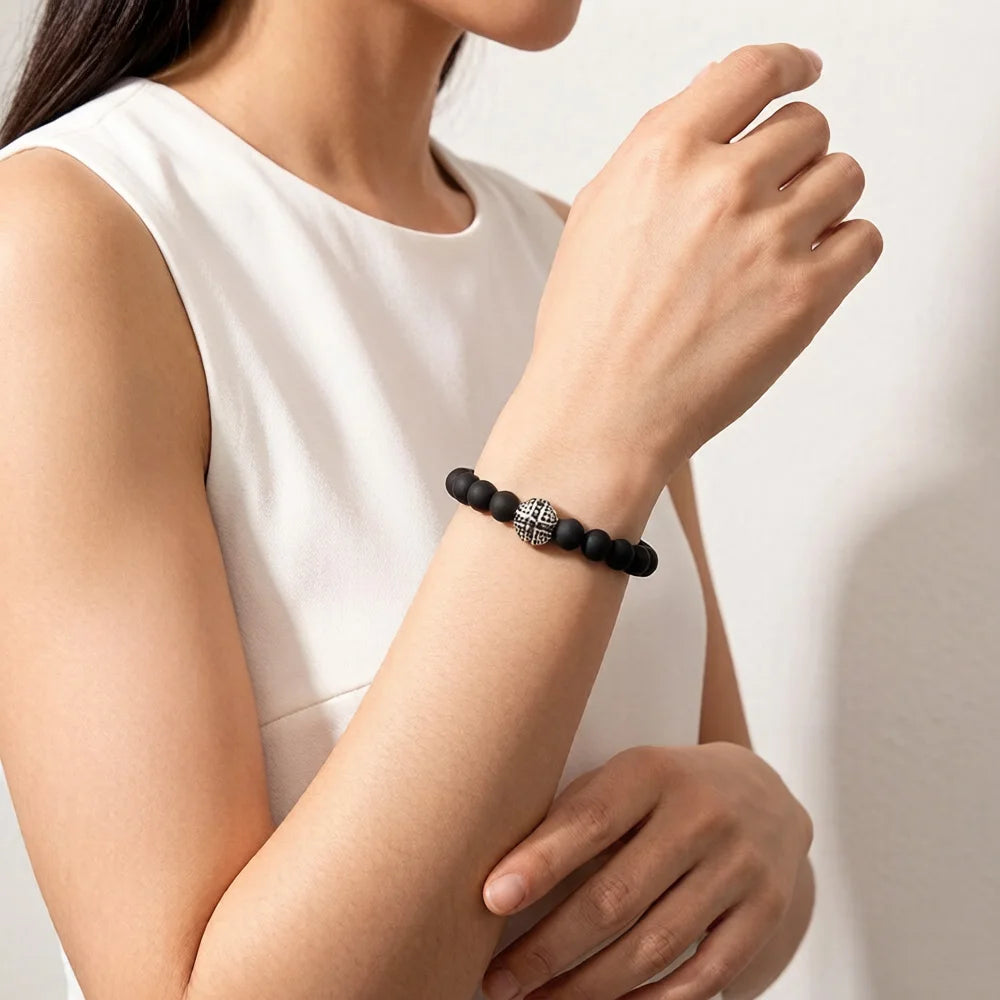 Damen-Armband Obsidian Karma Kreuzperle mattschwarz aus Sterlingsilber