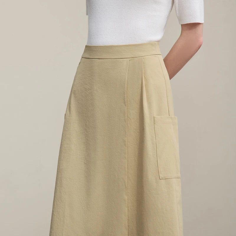 Khaki A-Linien-Rock mit breitem Bund und seitlicher Eingrifftasche