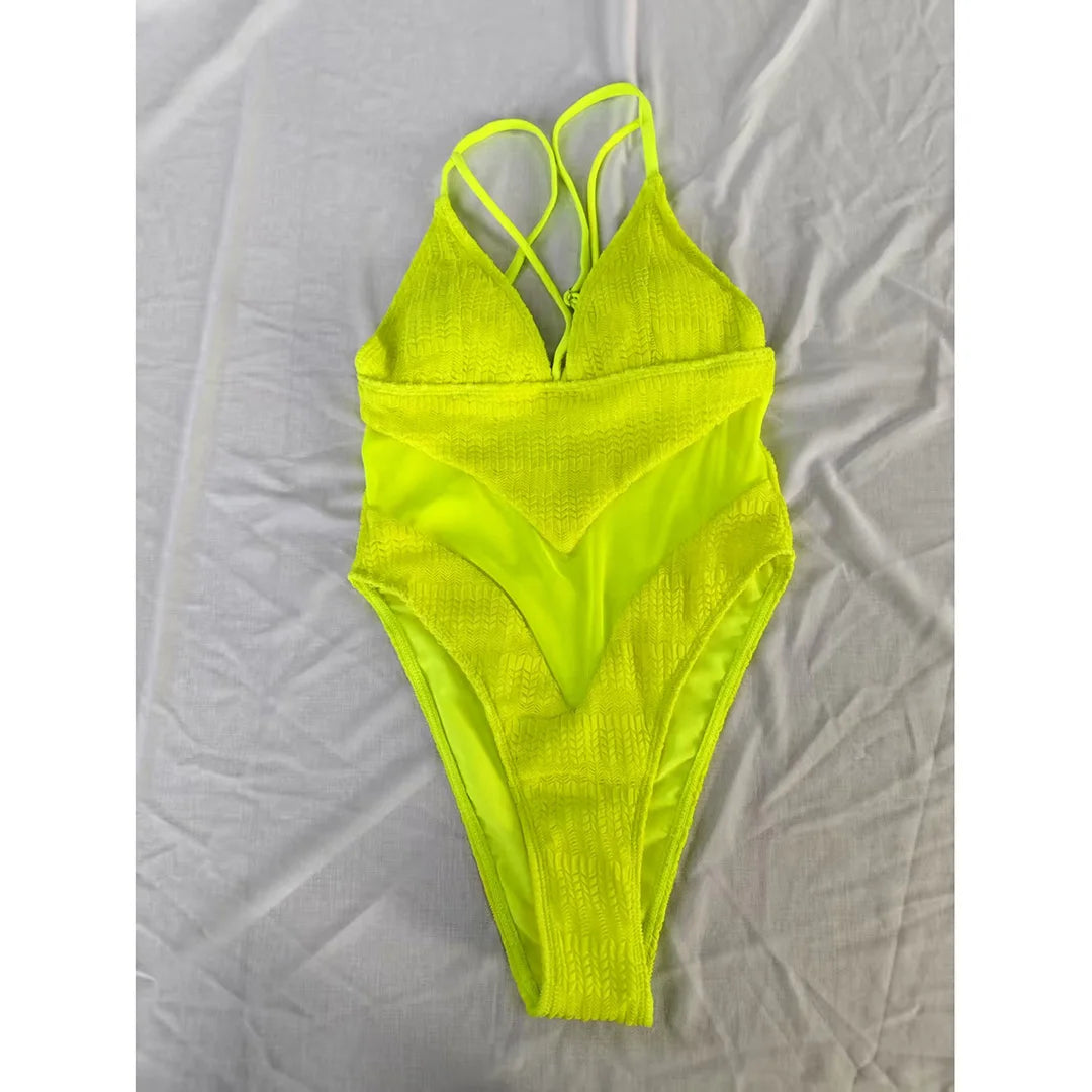 Damen-Badeanzug V-Ausschnitt Mesh High-Leg Monokini 5 Farben