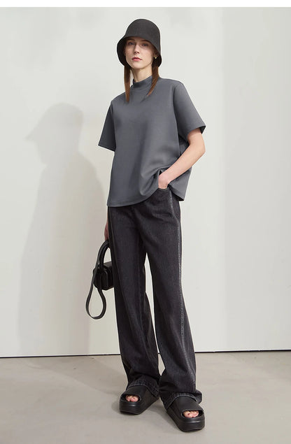 Damen Casual T-Shirt mit Gedrucktem Rollkragen und Kurzarm für den Sommer