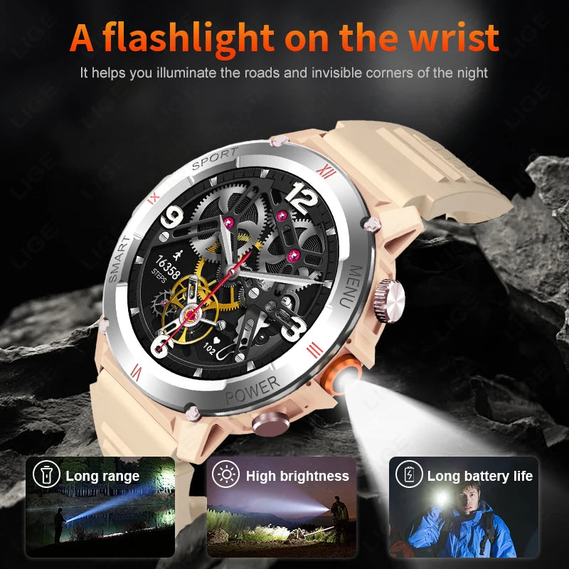 LIGE 2025 Neue männer Smartwatch Taschenlampe Herzfrequenz Blutdruck Gesundheit Überwachung Wasserdichte Intelligente Uhr Für Android IOS