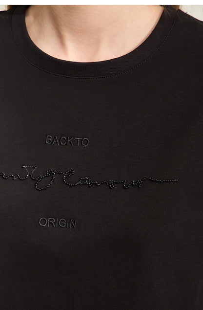 Damen T-Shirts im Minimalismus-Stil mit Kurzarm und Buchstaben-Stickerei