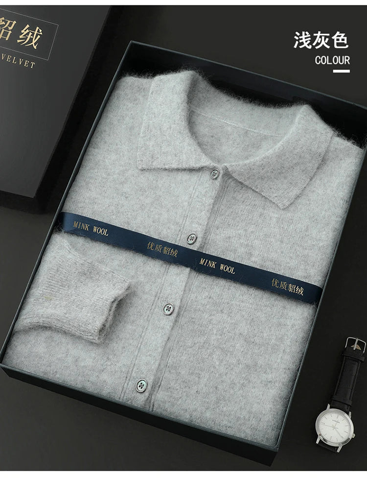 Maillard Polo-Kragen-Pullover für Herren, Herbst/Winter 2024, lässige Business-Männer, 100 % reiner Nerz-Kaschmir-Strickjacke, große Strickjacke