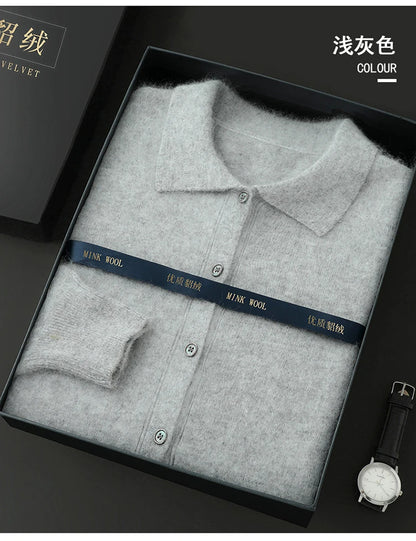 Maillard Polo-Kragen-Pullover für Herren, Herbst/Winter 2024, lässige Business-Männer, 100 % reiner Nerz-Kaschmir-Strickjacke, große Strickjacke