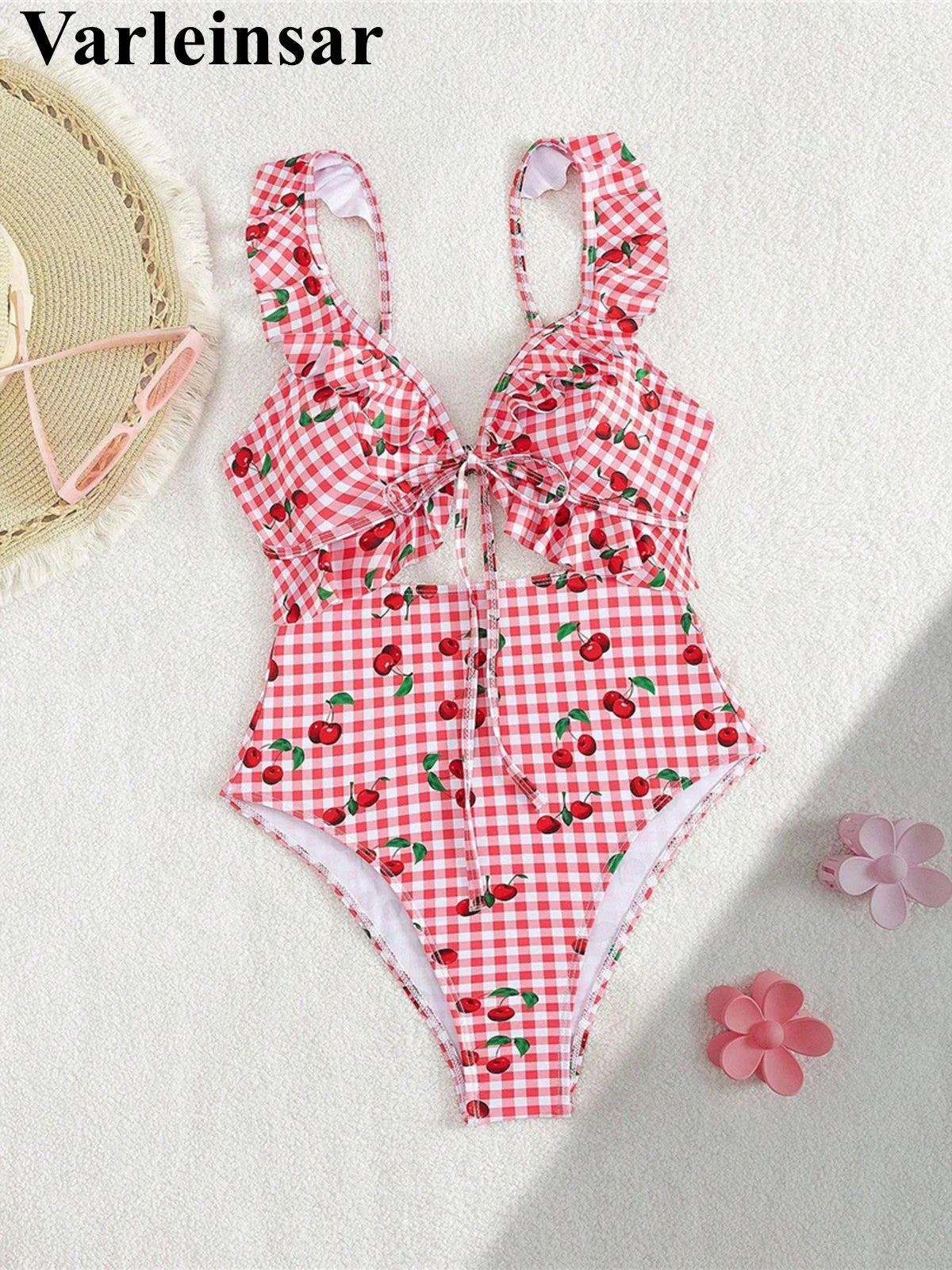 Damen Badeanzug Kirschen Karo Cut-Out Rüschen hoher Beinausschnitt Monokini