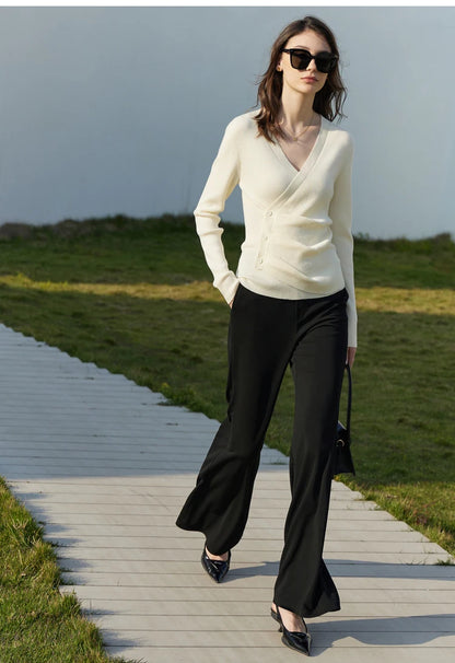 Damen V-Ausschnitt Pullover Kaschmir Slim Shirring Büro Frühling