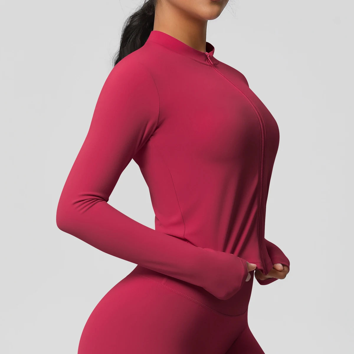 Langarm-Fitnessoberteil, Slim Fit, magenta, hoher Stehkragen, durchgehender Reißverschluss