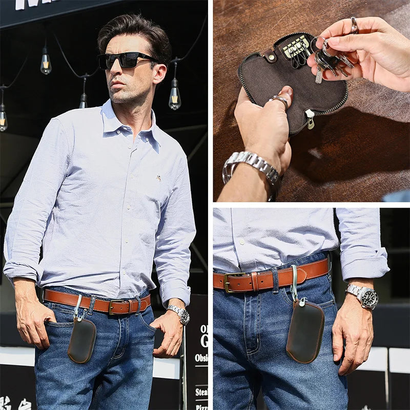 Leder-Schlüsseltasche mit Metallhaken und Reißverschluss, dunkelbraun