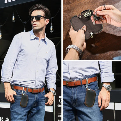 Leder-Schlüsseltasche mit Metallhaken und Reißverschluss, dunkelbraun