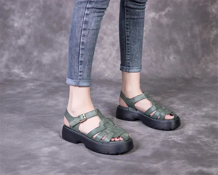 AIYUQI Sandalen Frauen Sommer 2025, Neue Echtes Leder Baotou Römischen Sandalen Damen Retro Hohl Gewebt Frauen Sandalen
