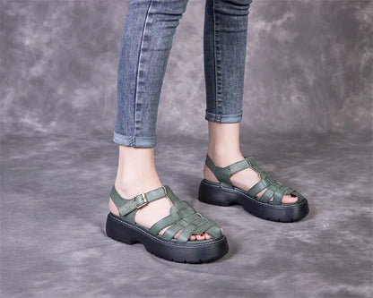 AIYUQI Sandalen Frauen Sommer 2025, Neue Echtes Leder Baotou Römischen Sandalen Damen Retro Hohl Gewebt Frauen Sandalen