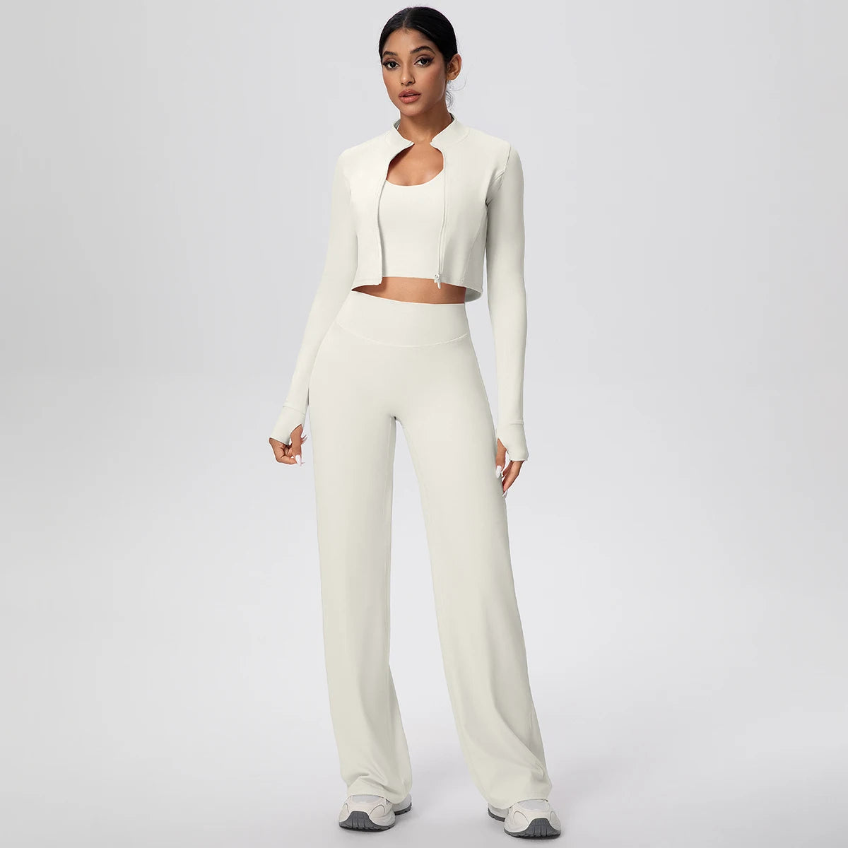 Damen Yoga-Set: langarmiges Crop-Top und weite Hose, hellbeige