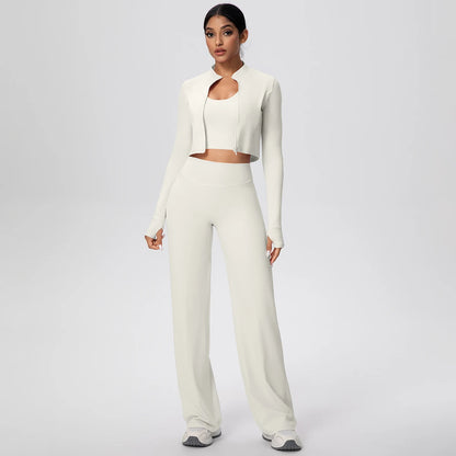 Damen Yoga-Set: langarmiges Crop-Top und weite Hose, hellbeige
