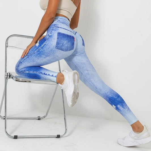 Hamidou Leggings mit Tasche, blaues Jeansmuster, schmal sitzend, knöchellang